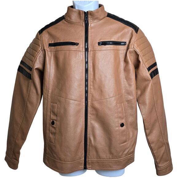 Distortion Motorcycle Jacket Brown Faux Leather Biker Coat Men's M - Picture 1 of 7